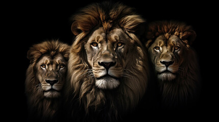 Obraz na płótnie Canvas portrait of three adult lions close-up on a black background, ultra realism. Animal king closeup. Generative AI