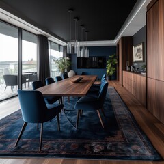 Fototapeta premium Wide View of a Luxurious Dining Room with a Long Table, Elegant Chairs, and Sophisticated Decor.