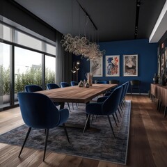 Wide View of a Luxurious Dining Room with a Long Table, Elegant Chairs, and Sophisticated Decor.