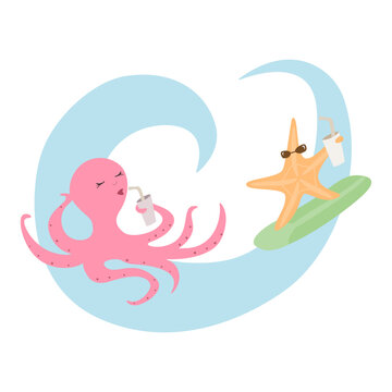 Animals and sea vector illustration. The octopus and the starfish. On the wave.