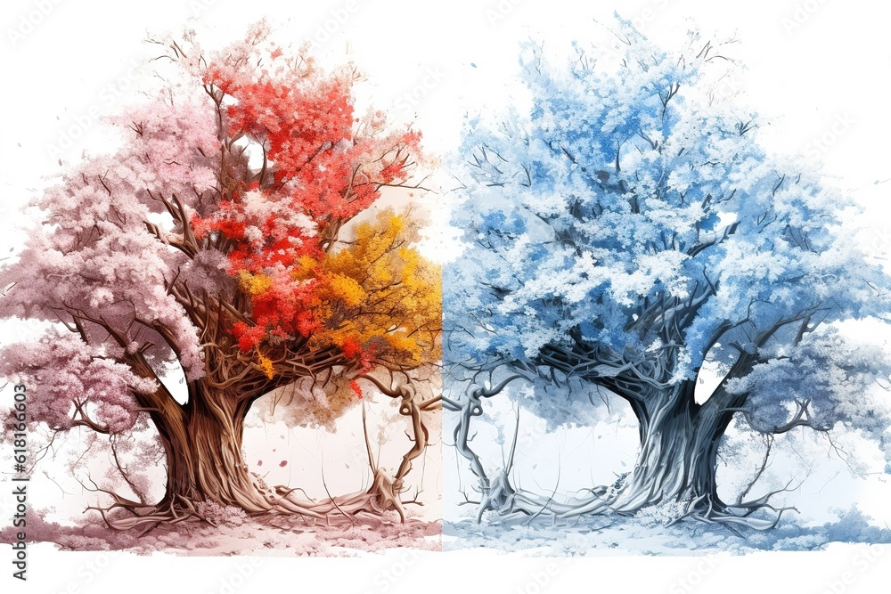 Poster drawing of a tree in winter and summer. change of seasons isolated on white background. generated by