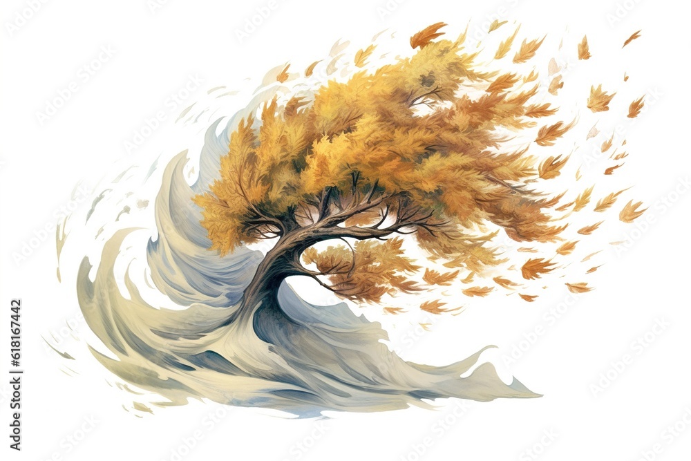Poster drawing tree in strong wind isolated on white background. ai generated.