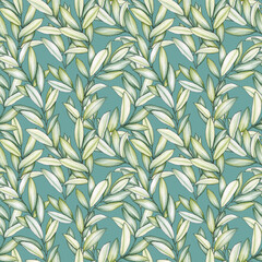 Seamless pattern with green olive branches on turquoise background