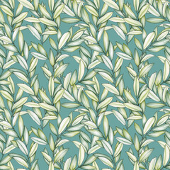 Fototapeta premium Seamless pattern with green olive branches on turquoise background