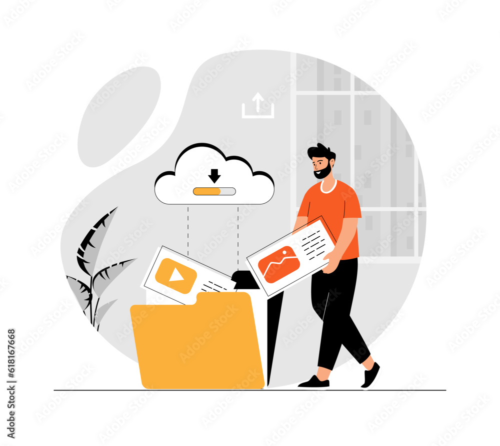 Poster data storage. cloud service concept. man uploaded files to the cloud storage. illustration with peop