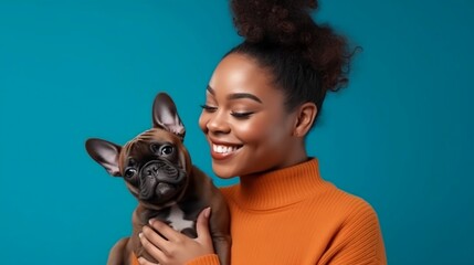 Smiling dark-skinned woman hugging a French Bulldog puppy, isolated on a blue background, copy space, AI-generated