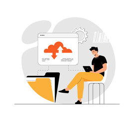 Cloud technology, data storage and backup. Man working with cloud computing and database service. Illustration with people scene in flat design for website and mobile development.