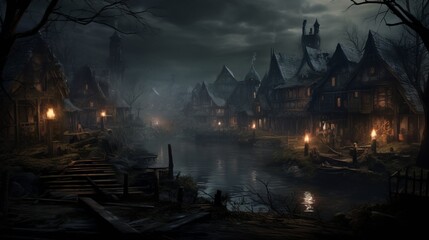 Naklejka premium Misty Moonlight: Gothic Architecture in Medieval Village - Generative AI