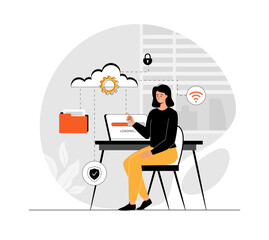 Cloud storage for digital files. Web hosting. Online database, technology, security, computer, web data center, server.Illustration with people scene in flat design for website and mobile development.