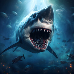 Obraz premium Unleash the Ancient Power: Witness the awe-inspiring AI-generated image of the mighty Megalodon, a prehistoric shark that ruled the ancient seas. Dive into history with this captivating photo.