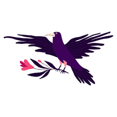Quirky strange Illustration of a crow. A bizarre strange bird with a purple color