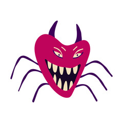 Pink ugly creepy spider with angry face. Halloween Illustration in a modern childish hand-drawn style
