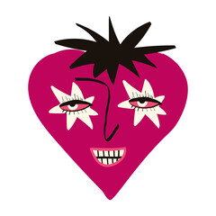 Naklejka premium Funny quirky charming strawberry with a cute face and glasses. Illustration in a modern drawn childish style