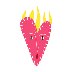 A cute quirky strange clockwork heart with a funny face and horns. Illustration in a modern childish hand-drawn style