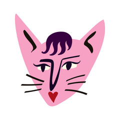 Cute cat with a cute face and bangs. Illustration in childish hand drawn style