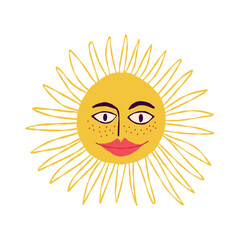 Awesome funny sun with a charming smiling face. Hand-drawn illustration in retro style