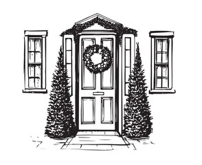 Door decoration, Christmas card poster banner, Vector, Hand drawn illustration. 