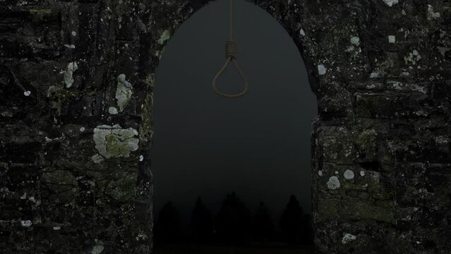 A rope with a hangman's noose swinging in the breeze from the arch of an old stone church tower at night - seamless looping.