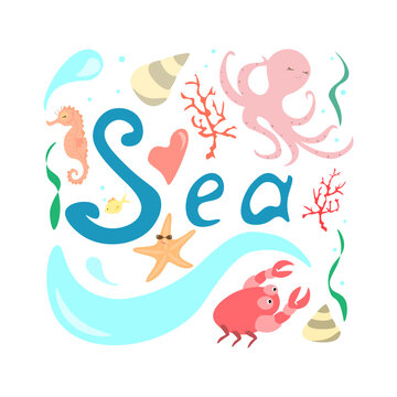 Hand-drawn illustration of sea creatures . Marine life vector illustration. Marine print. Sea set. 