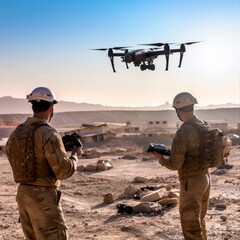 Naklejka premium soldiers working with drone at a warzone
