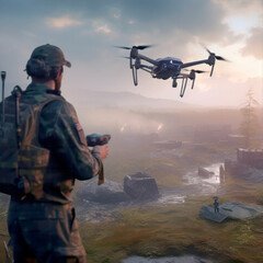 Naklejka premium soldiers working with drone at a warzone