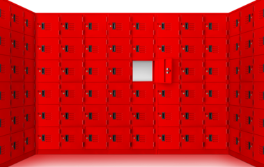 Deposit red locker boxes or gym lockers inside of a room with one central opened door PNG transparent