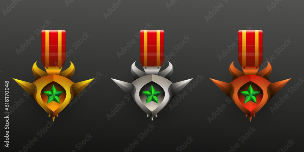 Poster abstract gold, silver and bronze game level badge medals for game ui design