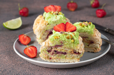 Sliced meringue roll with strawberries and pistachios on gray plate on brown background