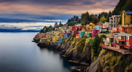 Fototapeta na wymiar Aerial view of beautiful colorful houses built on the rocky slope of a mountain, Signal Hill in St. John’s, Newfoundland, Canada style