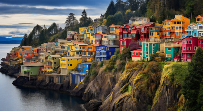 Aerial view of beautiful colorful houses built on the rocky slope of a mountain, Signal Hill in St. John’s, Newfoundland, Canada style