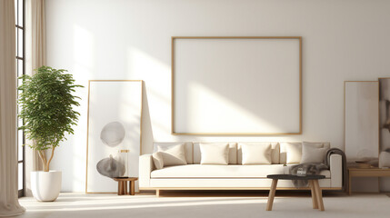 Stylish Living Room Interior with Mockup Frame Poster, Modern interior design, 3D render, 3D illustration