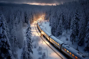 Poster Christmas scene of winter night with train passing through forest with snow. Beautiful landscape background with cloudy sky. Holiday happiness. Illustration, Generative AI. © Santijago