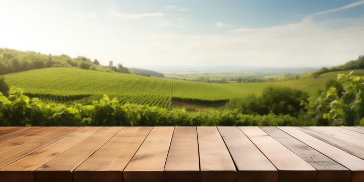 Empty wood table with blurred vineyard landscape background,  mockup display for montage products. Front view wooden table, green field, sunny day. Generative AI photo.