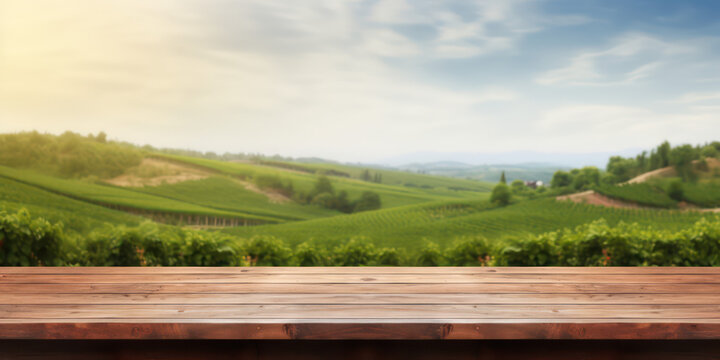 Empty wood table with blurred vineyard landscape background,  mockup display for montage products. Front view wooden table, green field, sunlight. Generative AI photo.