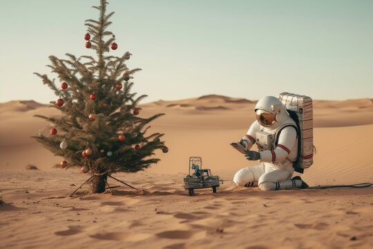 Illustration of astronaut in the planet mars celebrating christmas. Preparing xmas tree for holiday. Abstract idea of universe. Generative AI.