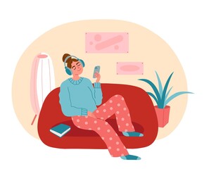 Cute girl listening to nice relaxing music. Woman sits on sofa in headphones, smartphone audio files, room interior, vector illustration