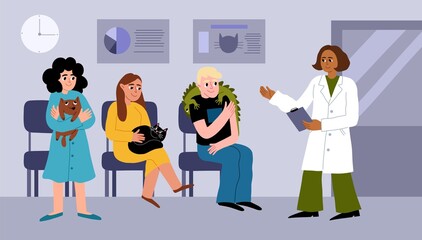 Cute owners with pets waiting for turn. Waiting for appointment in vet office, animals care, examination and treatment, vector illustration