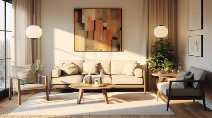 Obraz premium Stylish Living Room Interior with an Abstract Frame Poster, Modern interior design, 3D render, 3D illustration