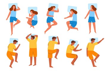 Guy and girl sleeping. Cartoon people sleep in different poses, cute characters in pajamas, body positions in comfortable bed, vector set