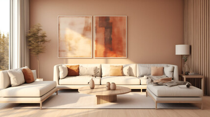 Stylish Living Room Interior with an Abstract Frame Poster, Modern interior design, 3D render, 3D illustration
