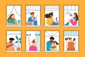 People look in open windows. Residential building facade, funny persons in apartments, cartoon neighbors look out into street, vector set