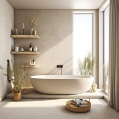 Fototapeta na wymiar White wood bathtub with water standing on a wooden floor in a panoramic window bathroom. generative ai