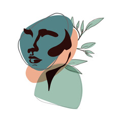 Minimalist silhouette of a girls or womens face decorated with abstract colorful forms. Good for beauty products promotion