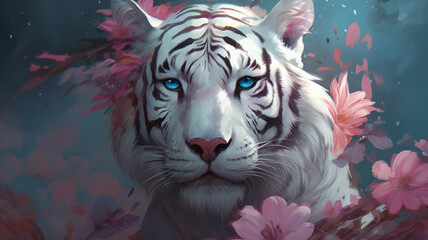 Mesmerizing White Tiger King Magic Fantasy Portrait Digital Generated Amazing Romantic Fairytale Legend Story Poster Illustration