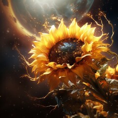 Flower in violent space scene of a nebula smashing into a planet that resembles a abstract soft whispy with stars. Planet in background highly detailed space scene, hyper realistic, photo realistic.