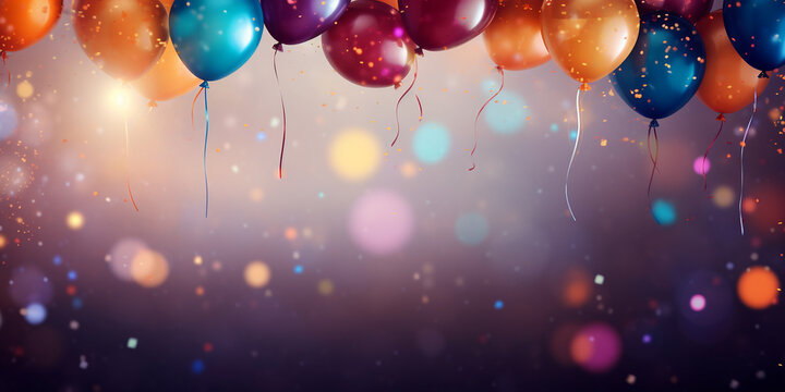 Bunte Luftballons mit Lichter Bokeh als Druckvorlage f&uuml;r Geburtagskarten, ai generativ