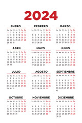 calendario 2024 en español, semana comienza el lunes. Sábados y domingos. - obrazy, fototapety, plakaty