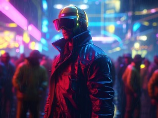 Cyberpunk man standing in a crowded market street, illuminated by a neon sign, futuristic attire (Genereative AI)