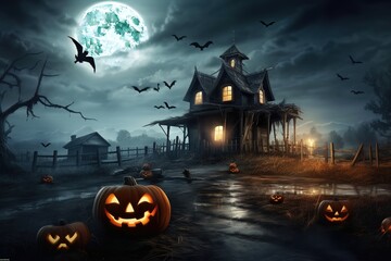 Halloween horror house in the forest with full moon. The Haunted house you wouldn't dare to visit