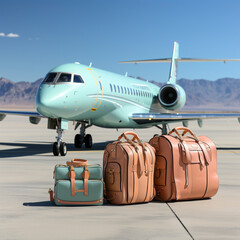 Luxury travel in private jet for super rich people, vacation suitcases stand in front of a private jet, ai generated